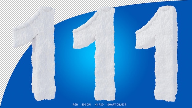 3d rendering of the number 1 in the shape and style of a snow on a transparent background