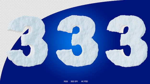 3D rendering of the number 3 in the shape and style of a glacier on a transparent background