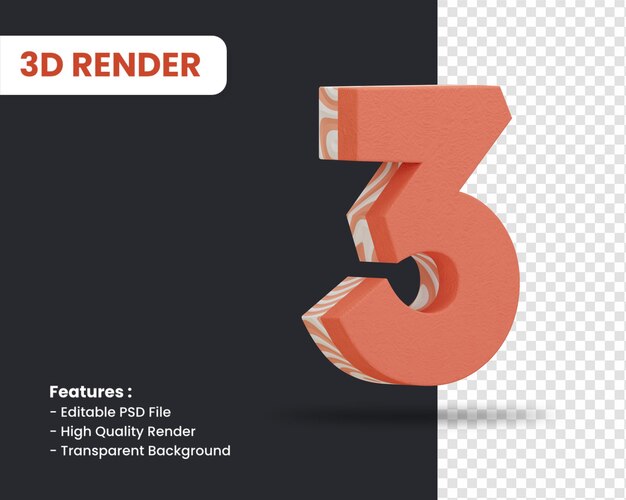 3d rendering of number 3 with abstract texture effect isolated