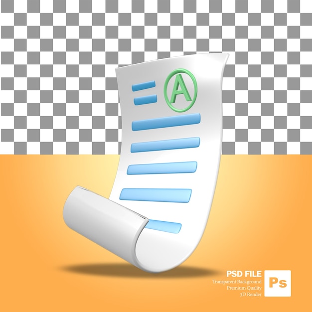 3d rendering object icon a sheet of school test scores with good grades