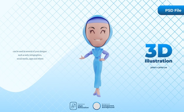 3d rendering of one-handed style hijab busines character on the waist and explain