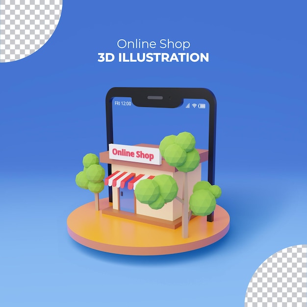 3d Rendering Online Store withSmartphone on wooden podium