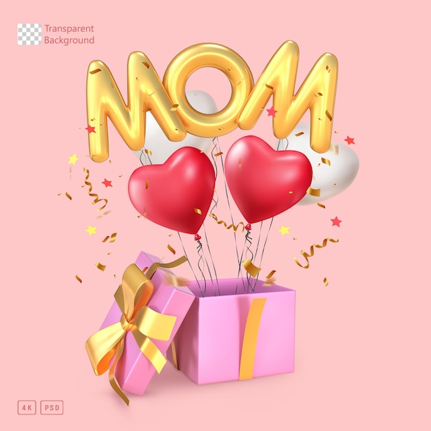 3D Rendering Open Gift With Heart Balloons And Mom Word