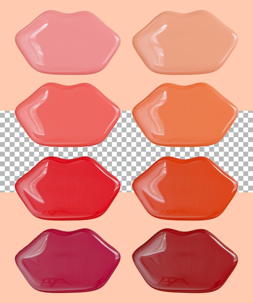 3D rendering of outline mouth shape eight swatches lipstick shades of red pink orange and nude