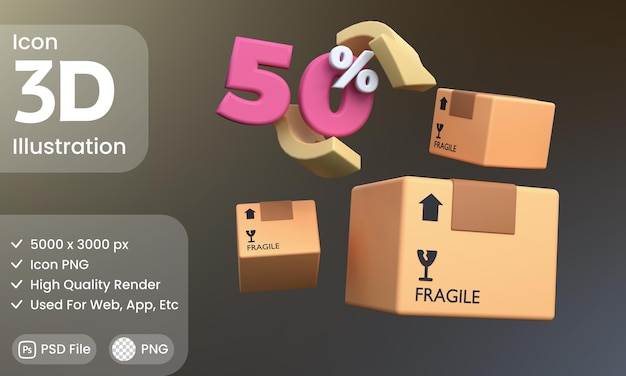 3D rendering of package object with 50 percent discount, PSD File.