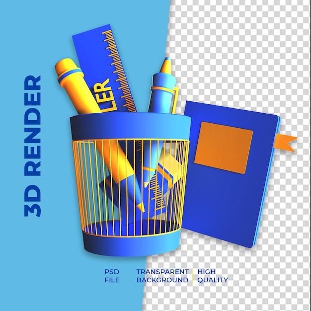 3d rendering pen case icon and book