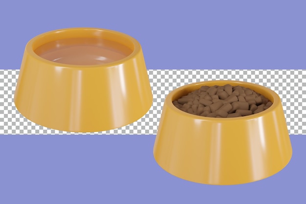 3d rendering pet food and water bowl yellow color tranparent premium psd