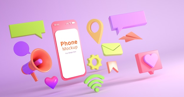 3d rendering of phone mockup and social icon