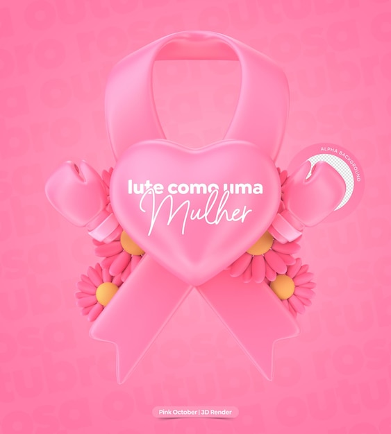 3D Rendering of Pink October Ribbon with flowers