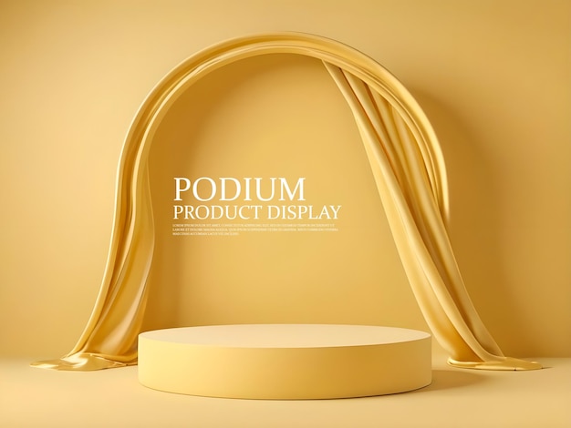 3d rendering platform podium with yellow curtain product presentation background