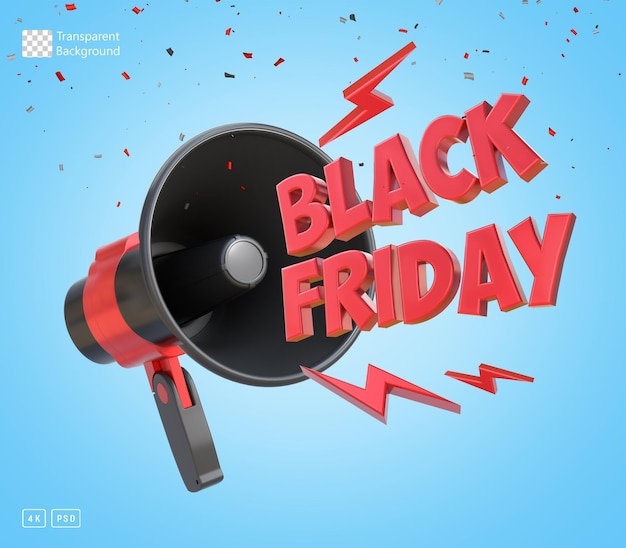 PSD 3d rendering portable megaphone with black friday letters