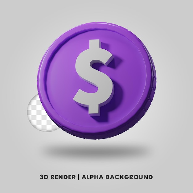 3d rendering of purple dollar coin isolated. Useful for business or e-commerce project design illustration.