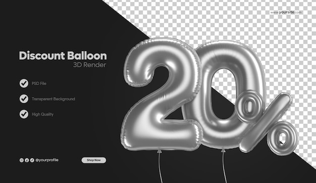 3D Rendering of realistic silver foil balloon number 20 percent discount