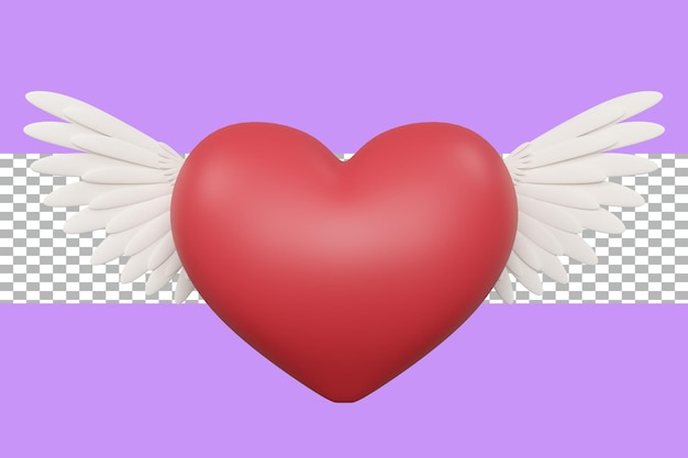 3d rendering red heart with white wings tranparent