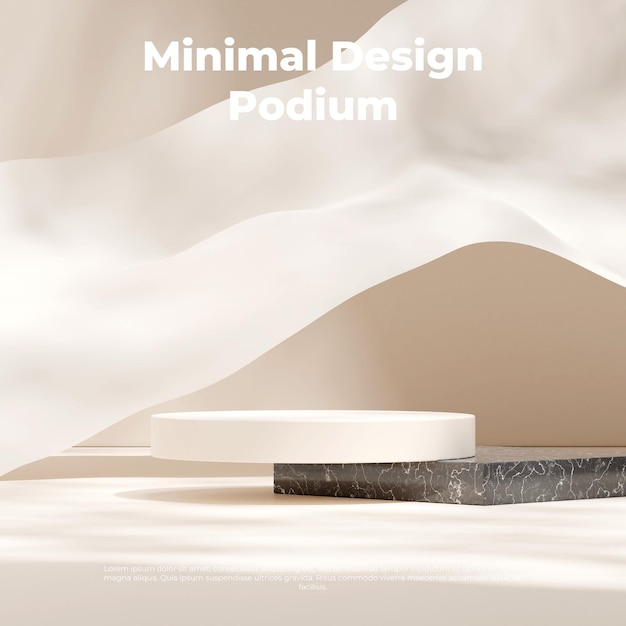 3D rendering scene mockup white and black marble podium in square white floating cloth