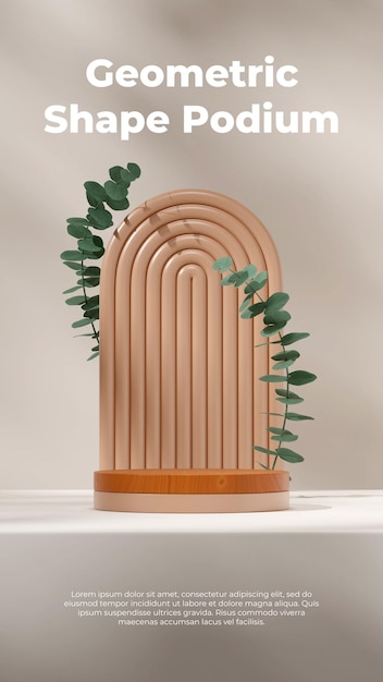 PSD 3d rendering scene mockup of wood texture podium in portrait with brown arch and green leaf