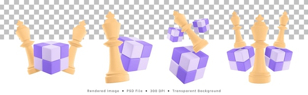 3d rendering set of chess pieces icon with cube puzzle