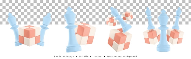 3d rendering set of chess pieces icon with cube puzzle