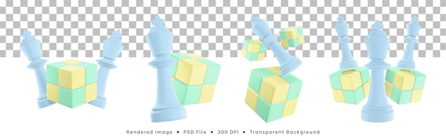 3d rendering set of chess pieces icon with cube puzzle