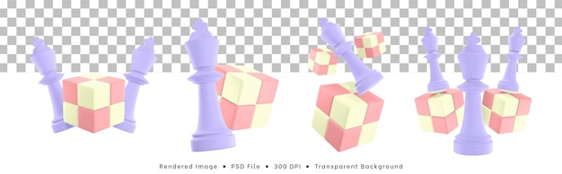 3d rendering set of chess pieces icon with cube puzzle