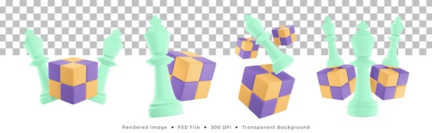 3d rendering set of chess pieces icon with cube puzzle