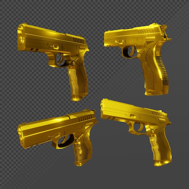 3d rendering of shiny golden gun from various perspective view