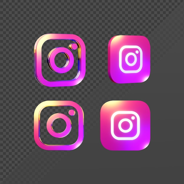 3d rendering of a shiny instagram icon logo from various perspectiv