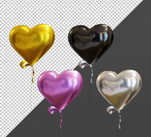 3d rendering of shiny love balloons gold pink metal silver glossy black