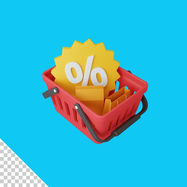 3d rendering shopping basket with discount isolated useful for ecommerce or business online design