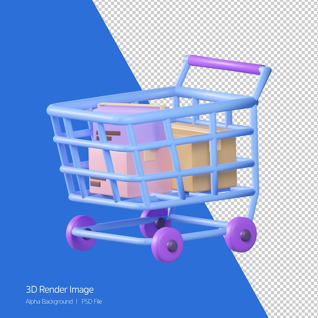 3d Rendering of Shopping Cart with boxes inside icon isolated on white.