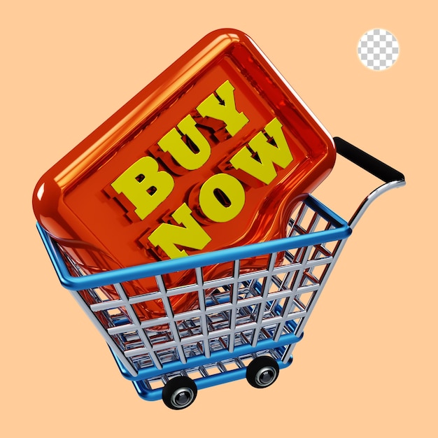 3d rendering of shopping cart with buy now tag