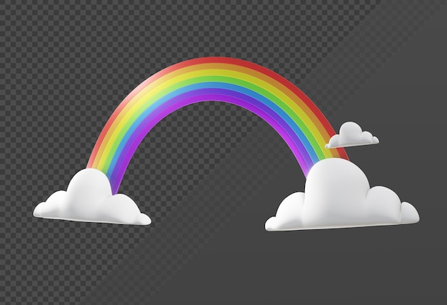 3d rendering of simple rainbow icon with clouds from perspective view