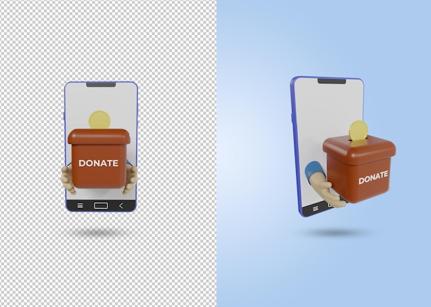 PSD 3d rendering of a smartphone icon and a hand holding a coin and a box that says donate illustration