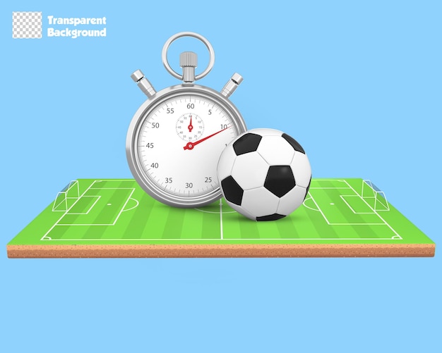 3D Rendering Soccer Ball And Stopwatch On Soccer Field Side View