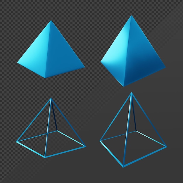 3d rendering of solid and wired shiny square pyramid geometry object perspective and orthographic