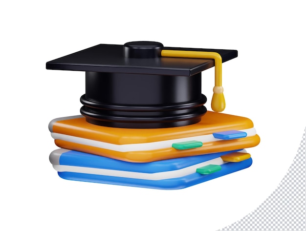 3d rendering stack of books with a graduation cap on top of it