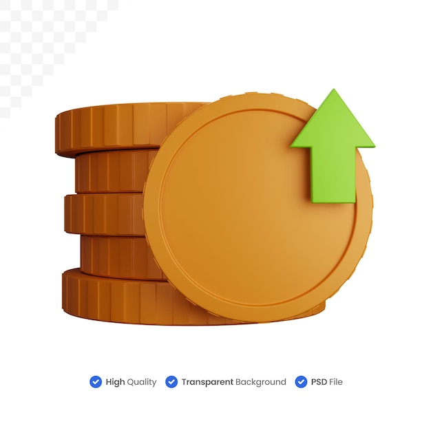 3d rendering stack of coins with an arrow up isolated