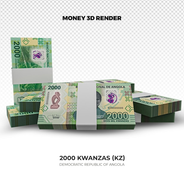 3D rendering of Stacks of Angolan Money 2000 Kwanzas Banknotes