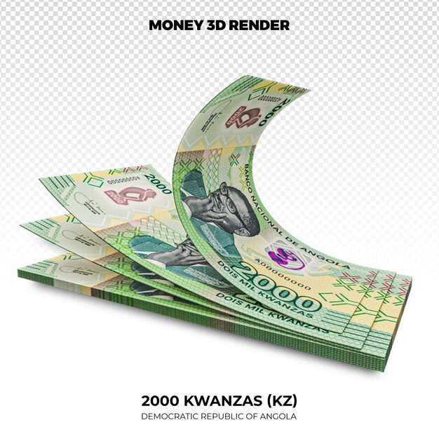 3D rendering of Stacks of Angolan Money 2000 Kwanzas Banknotes