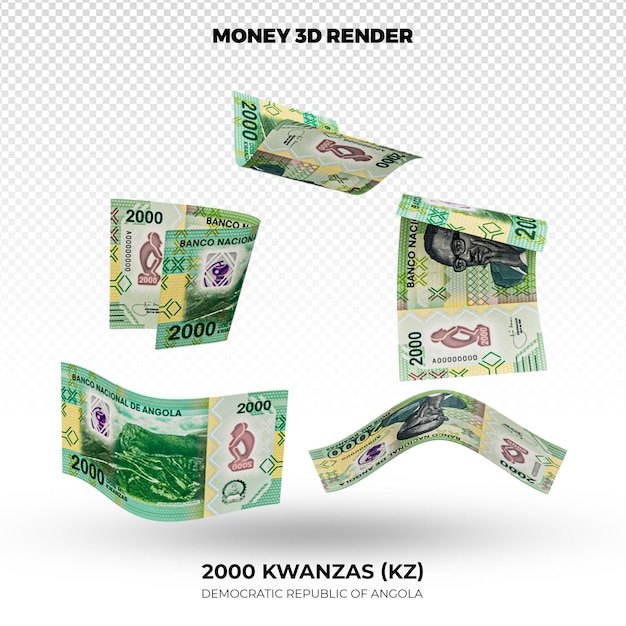 3D rendering of Stacks of Angolan Money 2000 Kwanzas Banknotes