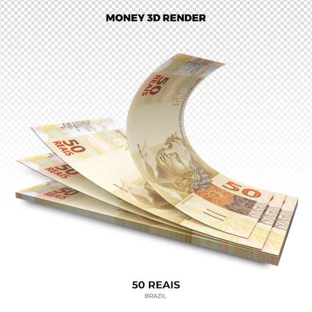 3D rendering of Stacks of Brazilian Money 50 Reais Banknotes