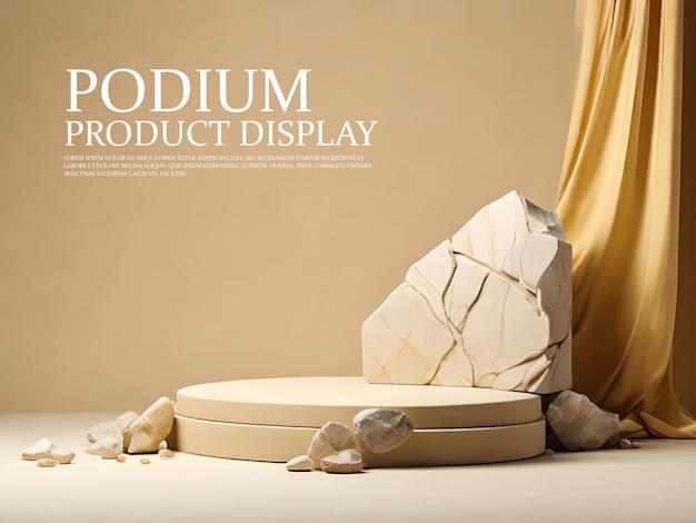 3d rendering stone podium displayed on a light yellow background and decorated with a silk fabric