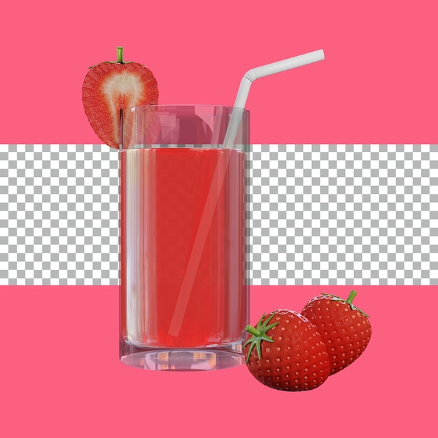 3d rendering Strawberry juice and glass tranparent premium psd