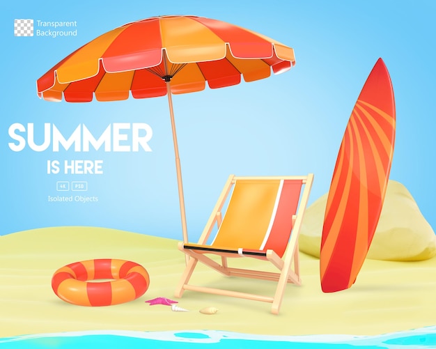 3D Rendering Summer Orange Beach Umbrella Beach Chair Surfboard And Swimming Ring