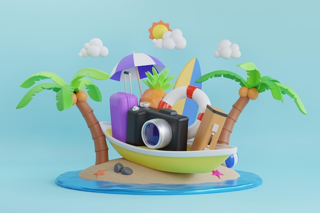 PSD 3d rendering of summer vacation concept. colorful summer beach elements