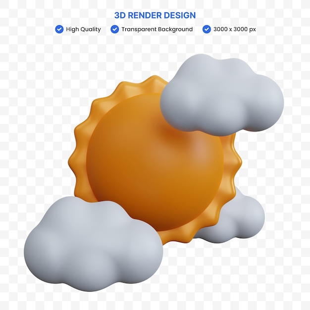 PSD 3d rendering sun with three clouds isolated