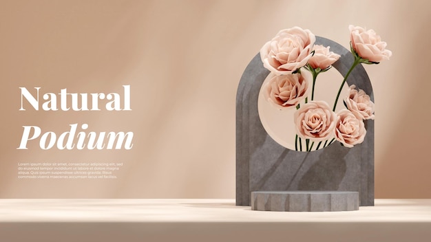 PSD 3d rendering template concrete texture podium mockup in landscape with pink rose bouquet