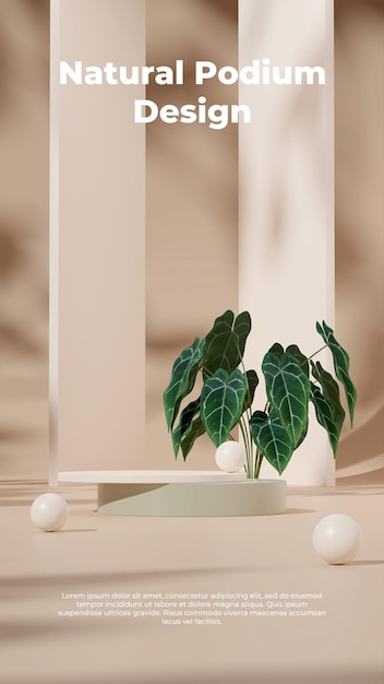 3D rendering template green and almond podium in portrait with sphere decor and anthurium plant