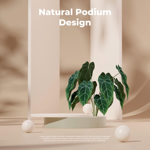 3D rendering template green and almond podium in square with sphere decor and anthurium plant