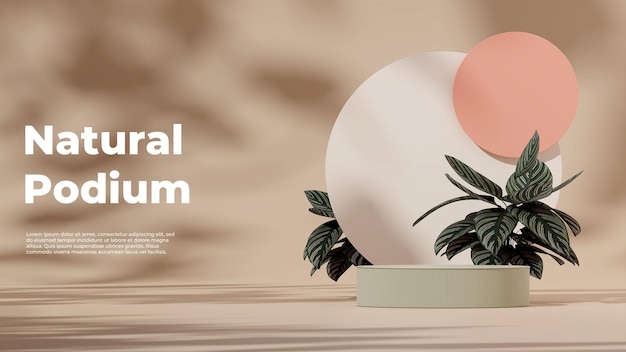 3D rendering template green podium in landscape with white pink circle and pink stripe calathea